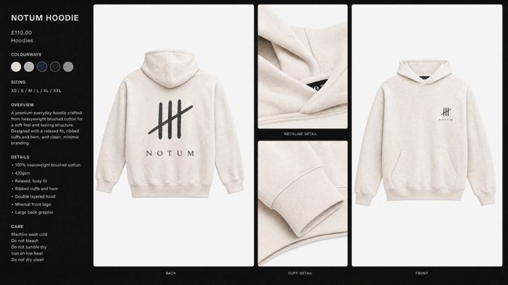 Product sheet: cream hoodie, back, front and details